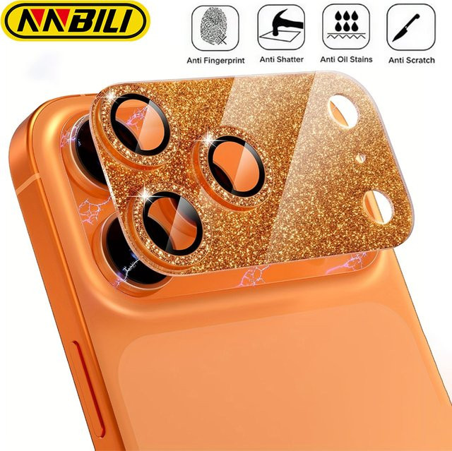 NNBILI Kameraobjektiv-Schutzfolie für iPhone 17 Pro Max aus Metall-Aluminium-Legierung und gehärtetem Glas in Gold und Orange - Bild 1