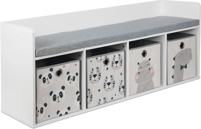 Relaxdays Kinderbank mit 4 Boxen aus MDF und gepolstertem Polyester in Weiß und Grau, B/T/H: 142 x 54 x 32 cm - Bild 1