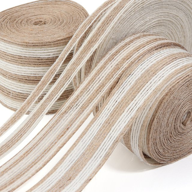 Natürliches flaches Leinenband mit weißen Streifen aus Hanf für DIY-Hochzeitsdeko und Geschenke verpackung in Weiß - Bild 1
