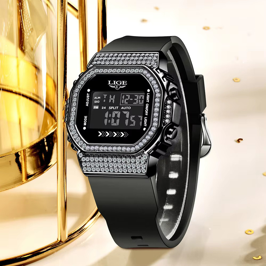 LIGE Armbanduhr, Quarz, Silikon, Diamantbesetzt, Schwarz, Damen - Bild 3