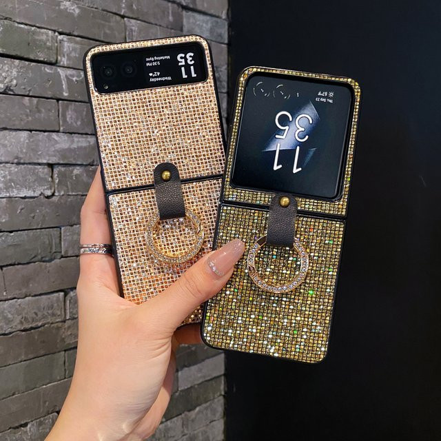 Luxus Glänzende Moto Razr 40 und 40 Ultra Handyhülle mit Gittermuster und Strass-Ringen in Gold - Bild 1