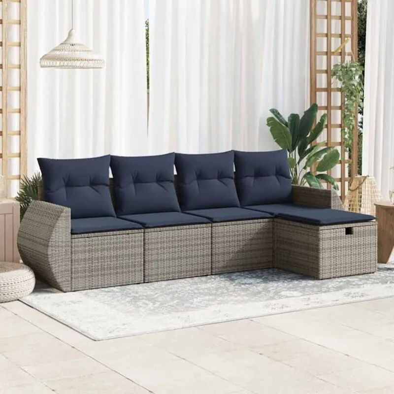 5-tlg. Garten-Sofagarnitur in L-Form mit Fußhocker und Kissen aus Poly-Rattan in Grau von vidaxl - Bild 1