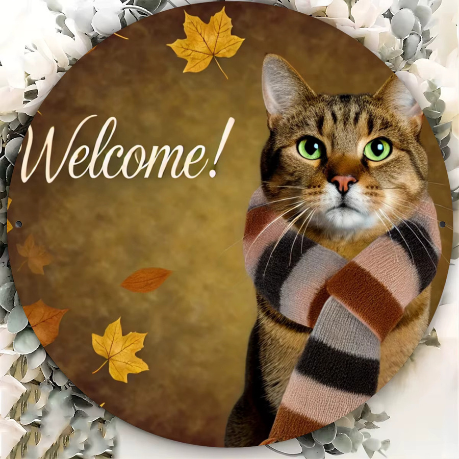 Potdemiel Rundes Metallschild Herbst-Katze mit Schal-Design, Wandkunst aus Eisen, Durchmesser: 20,32 cm, Mehrfarbig - Bild 4