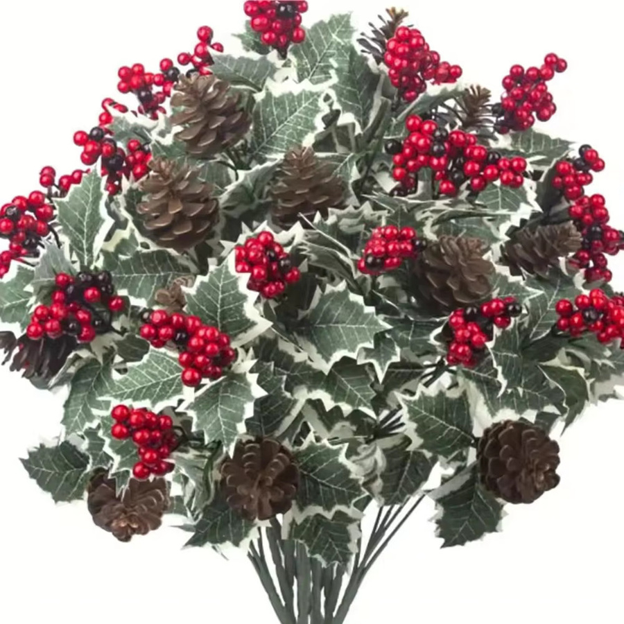 Lushliage Künstliche Weihnachts-Stechpalme mit roten Beeren und Tannenzapfen in Rot und Grün aus Kunststoff - Bild 2