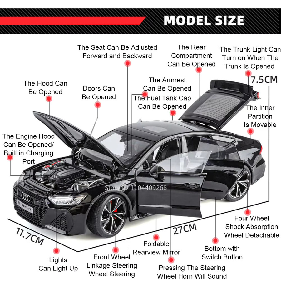 MAKEDA RS7 GTR Automodell, Maßstab 1:18, Licht und Sound, Metall - Bild 2