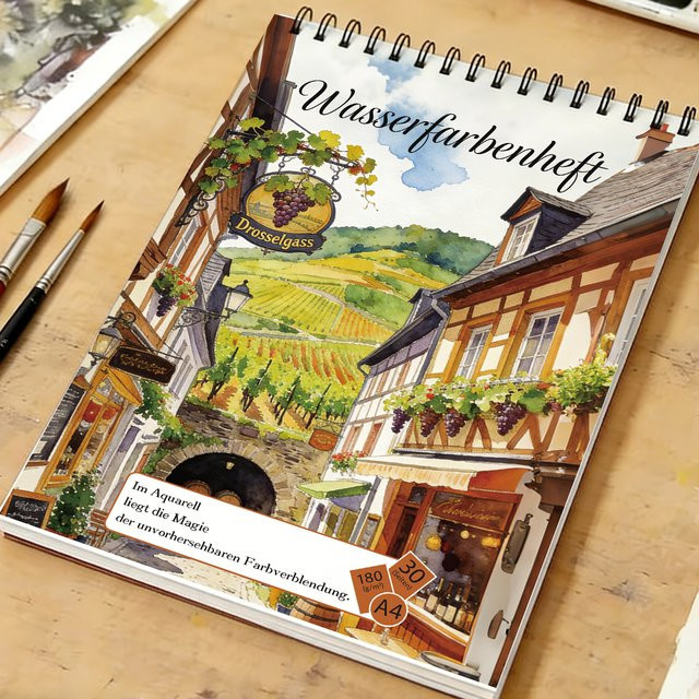 Professionelles A4 Aquarell-Skizzenbuch mit säurefreiem Papier (180g/m²) und deutschem Halbholzstädte- und Weinberg-Einband - Bild 1