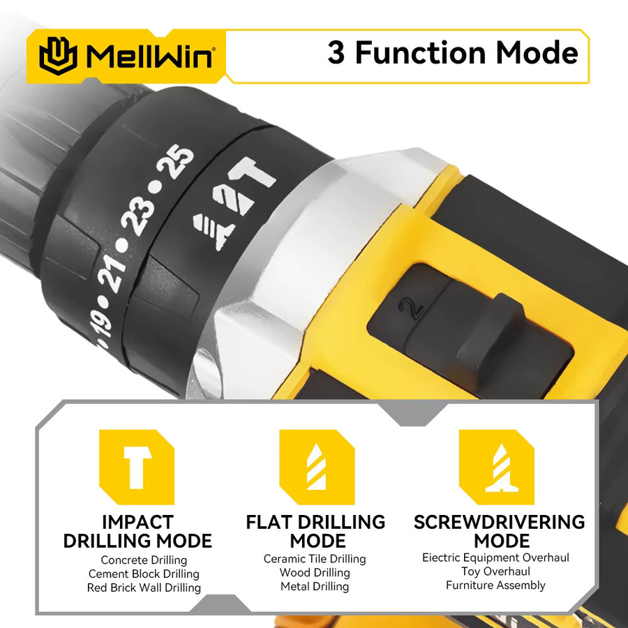 MELLWIN Akku-Schlagbohrmaschine und Akku-Schraubendreher mit 25 + 3 Drehmoment in Gelb, kompatibel mit Makita 18V LXT Batterien - Bild 3