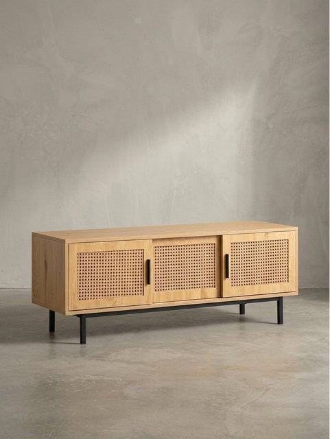 Lowboard KADIMA DESIGN in Eiche-Dekor mit Wiener Geflecht und Schiebetüren, Farbe: Braun, B/T/H: 120 x 45,5 x 40 cm - Bild 1