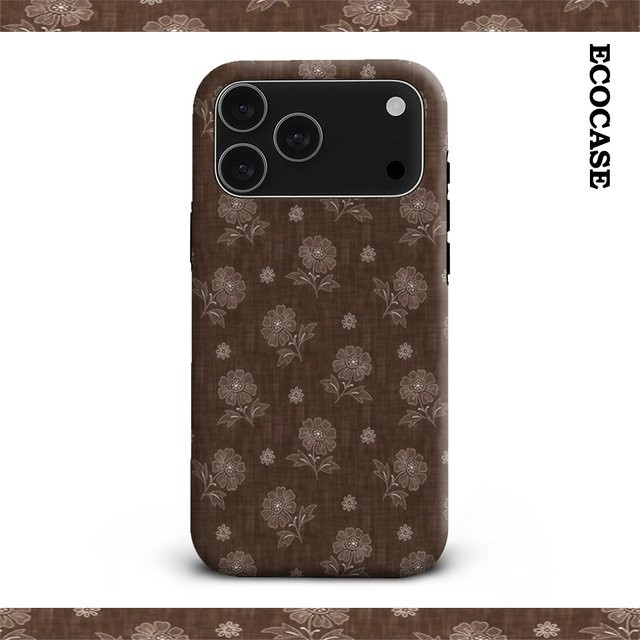 Handyhülle mit brauner Blumenstickerei für Apple iPhone 11 bis iPhone 17 Pro Max Plus mit doppelschichtiger Rückseite - Bild 1