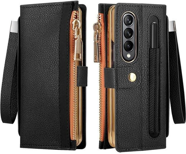 Leder-Brieftaschenhülle für Samsung Galaxy Z Fold 6 5G 5 4 3 mit Stifthalter, Kartenschlitz und Reißverschluss in Schwarz - Bild 1