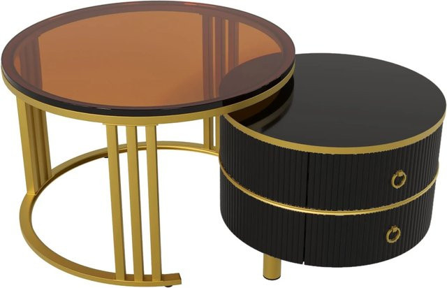 okwish Couchtisch Beistelltisch mit 2 Schubladen in Schwarz/Braun, Durchmesser: 70 cm - Bild 1