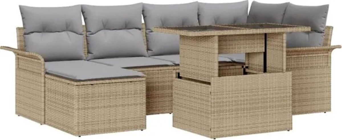 vidaXL Garten-Sofa-Set aus Poly-Rattan mit 7-teiligem Zubehör und Kissen in Beige - Bild 1