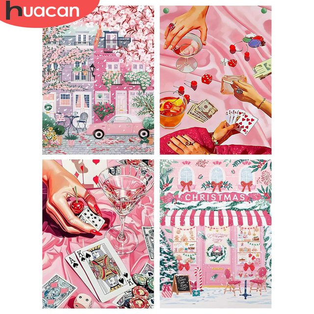 HUACAN Diamant-Malerei-Komplettset, Stadtstraßenlandschaft, rosa Landschaft, rund - Bild 1