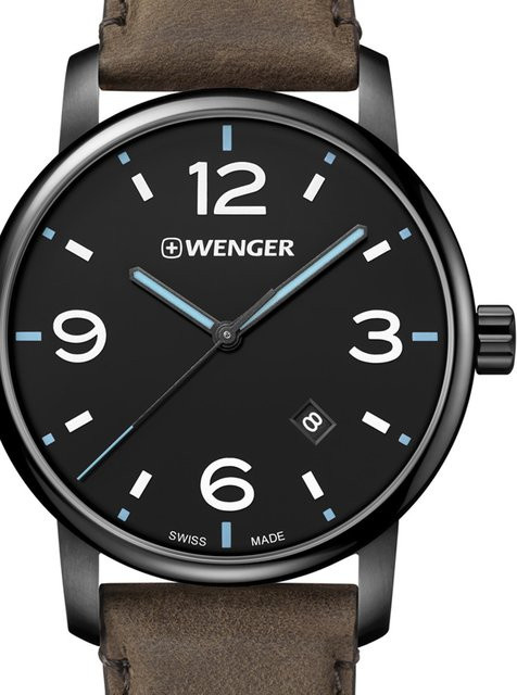 Wenger Herrenuhr, Quarz, Edelstahl, 42 mm, Leder, Schwarz, 10 ATM - Bild 1