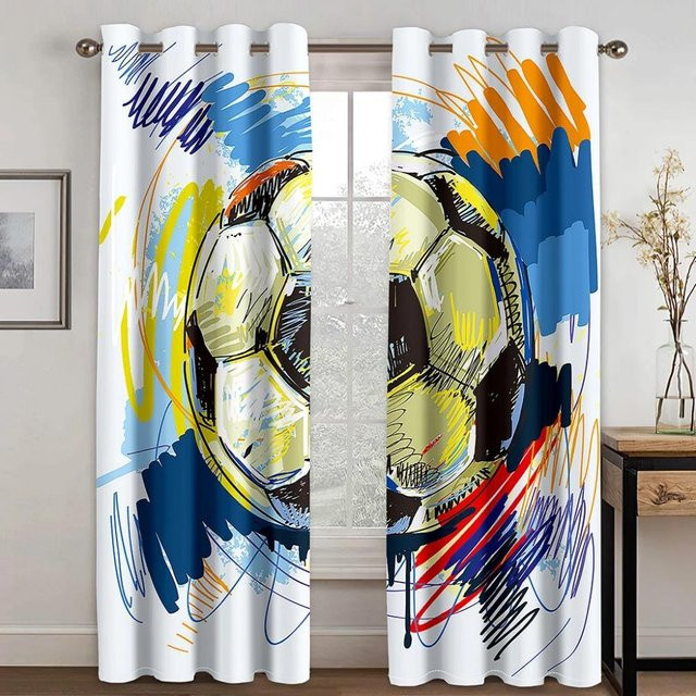 Fußball Graffiti Kunst Vorhänge Set mit 2 Haken für Wohnzimmer Kinderzimmer und Badezimmer, Mehrfarbig, B: 50 cm, H: 160 cm - Bild 1