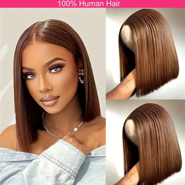 donxue Bob-Perücke, schokoladenbraun, 100 % Echthaar, 13 x 4 Lace-Front, Damen - Bild 1