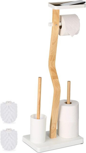 Relaxdays WC Garnitur aus Bambus und Eisen in Weiß, freistehend mit Ablage, Bürste und Ersatzrollenhalter, B/T/H: 80 x 30 x 20 cm - Bild 1
