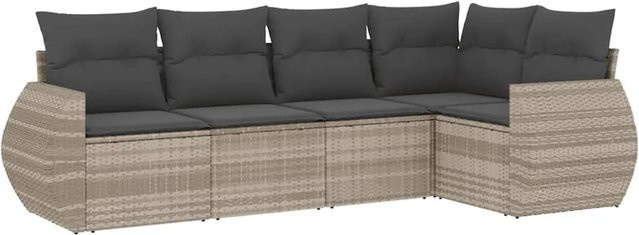 vidaXL 5-teilige Garten-Sofagarnitur in L-Form aus Poly-Rattan mit Kissen in Hellgrau - Bild 1