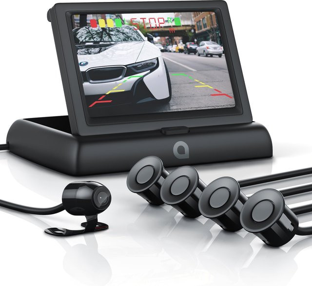 Aplic Rückfahrkamera Set in Schwarz mit 4,3 Zoll Monitor, Kamera und 4 Parksensoren inklusive Nachtsicht - Bild 1
