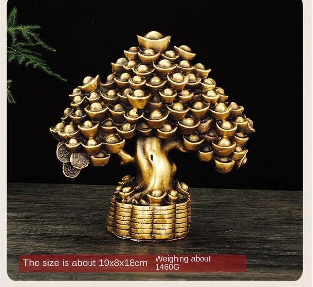 Yiran Furniture Chinesischer Glücksbringer Geldbaum aus reinem Kupfer in Gold als Tischskulptur für Wohnzimmer und Büro - Bild 1