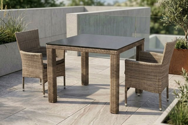 OUTFLEXX Rabida Balkon-Set aus Polyrattan in Beige mit Tisch und 2 Stapelsesseln sowie Glasplatte in Steinoptik - Bild 1