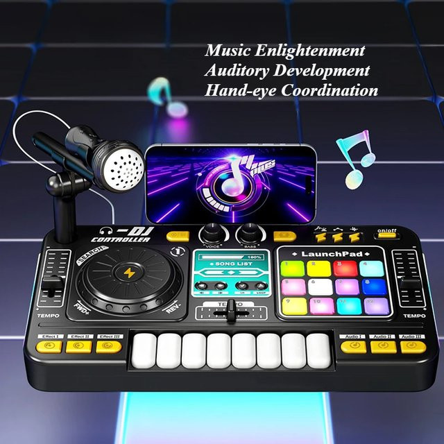 Kmoist Kinder DJ Mixer, elektronische Klaviertastatur, mit Mikrofon und Plattenspieler-Controller, ab 6 Jahren - Bild 1