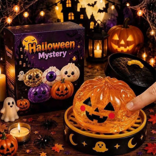 Halloween Mystery Blind Box Glitzer Squishy Fidget, Kürbis Geist Augapfel Schädel, Stressabbau Quetschspielzeug - Bild 1