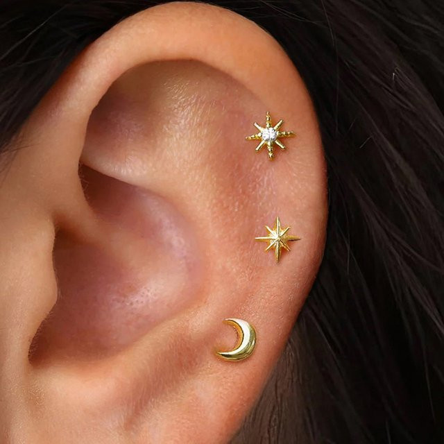 Maodane Ohrstecker-Set Edelstahl, Stern-Mond, Gold, Damen, Zirkonia - Bild 1