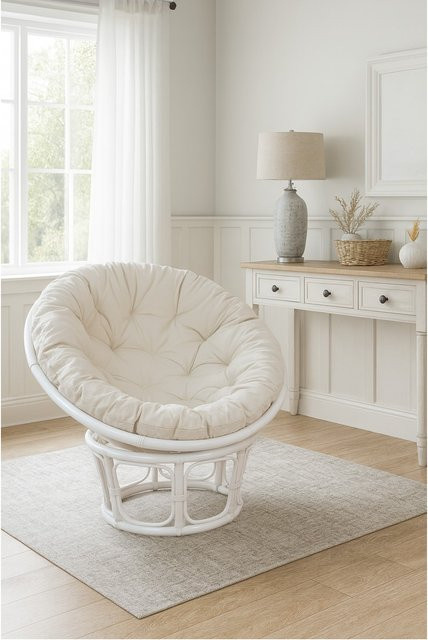 Papasansessel von Möbel direkt online in Weiß und Beige aus Rattan mit Kissen, Durchmesser: 80 cm - Bild 1