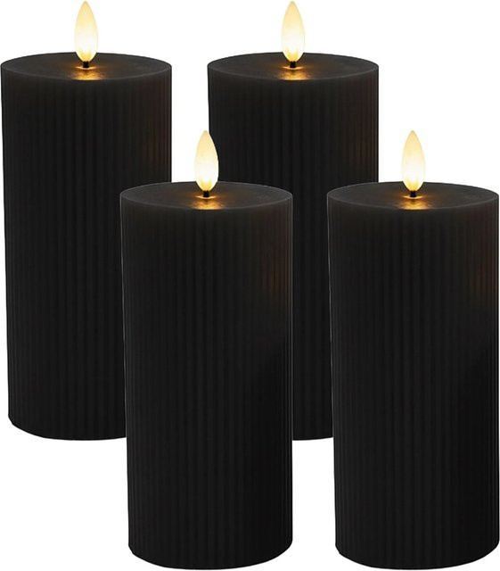 Relaxdays LED Echtwachs Stumpenkerzen 4er Set Schwarz mit Flackerndem Effekt und Rillen-Design, Höhe: 18 cm - Bild 1