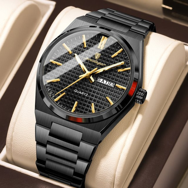 POEDAGAR Armbanduhr Quarz, Edelstahl, Schwarz, Silber, Herren - Bild 1