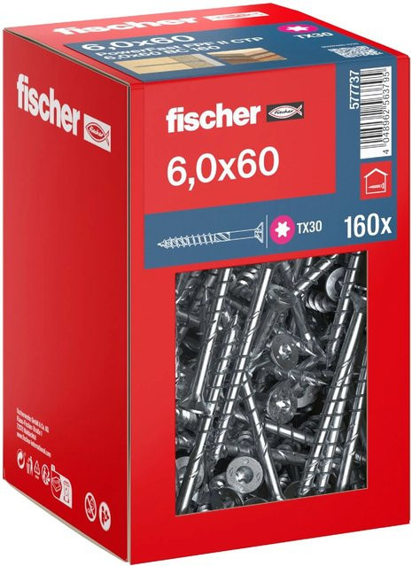 Fischer PowerFast II Senkkopf Teilgewinde Schraube mit Torx-Antrieb aus verzinktem Stahl, Farbe: Silber/Blau, Durchmesser: 6 mm, Länge: 60 mm, 160 Stück - Bild 1