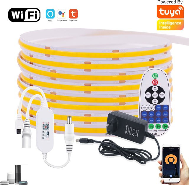 Dimmbarer COB LED Streifen mit Wifi und Fernbedienung, Lineares LED Band in Warmweiß, 12V Set inklusive Netzteil und Driver - Bild 1