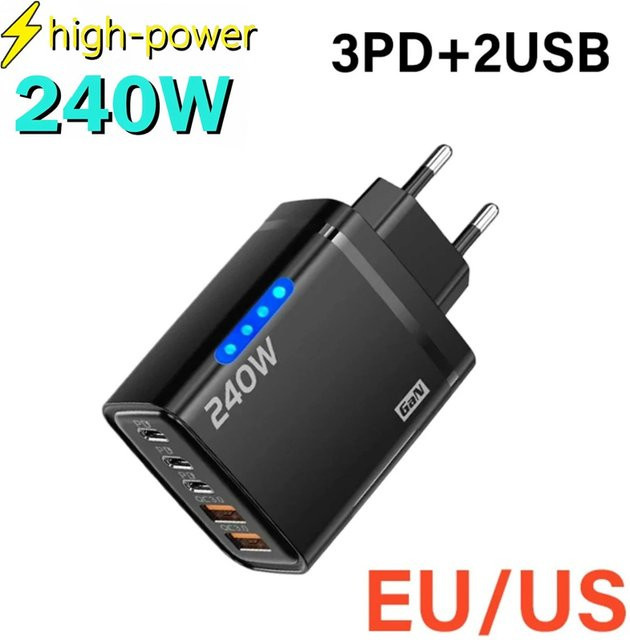 USB PD Ladegerät mit 5 Ports und 240 W Schnellladung Typ C für iPhone, Samsung, Xiaomi und Huawei - Bild 1