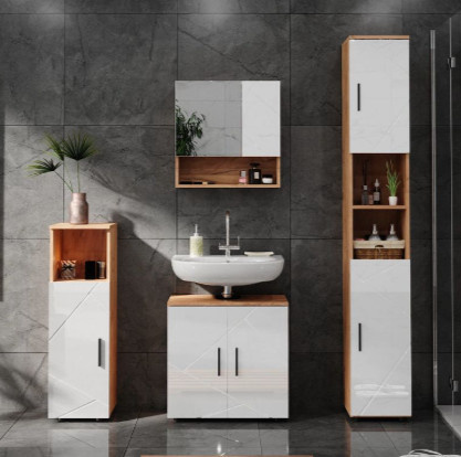 Badschrank Irma Vicco in Weiß Hochglanz und Goldkraft Eiche mit Türen und offenen Fächern, B/T/H: 30 x 30 x 192 cm - Bild 1
