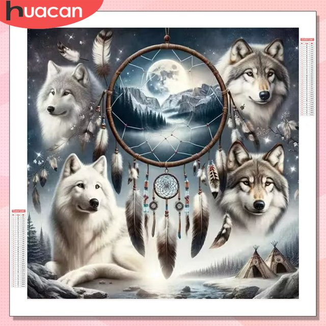 HUACAN Diamant-Mosaik-Set Wolf als runde Wandkunst in Mehrfarbig mit Motiv Tierprint - Bild 1