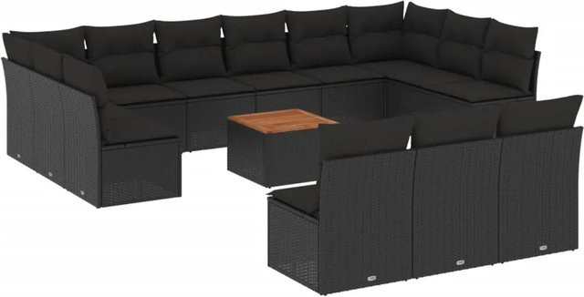 vidaXL 14-tlg Garten-Sofagarnitur aus Poly-Rattan und Akazienholz in Schwarz mit Kissen Modell 17 - Bild 1