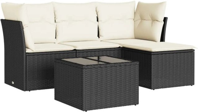 vidaXL 5-tlg Garten-Sofagarnitur in L-Form aus Poly-Rattan und pulverbeschichtetem Stahl mit Kissen in Schwarz-creme - Bild 1