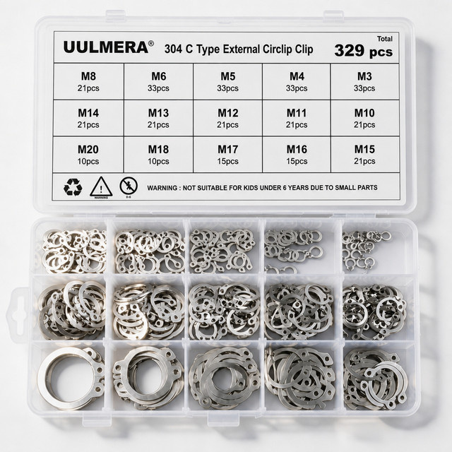 UULMERA 329-teiliges Set externer Sicherungsringe aus Edelstahl 304 in Silber, 15 Größen für Schaft- und Achsen-Hardware - Bild 1