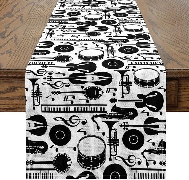 JINGYUE Pet Tischläufer aus Leinen mit Musiknoten-Design in Weiß, B/T: 150 x 33 cm - Bild 1