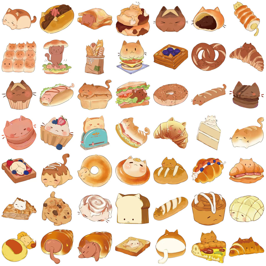 MRJIAANGSON Brot Katzen Dessert Cartoon Graffiti Aufkleber, 50 Stück - Bild 2