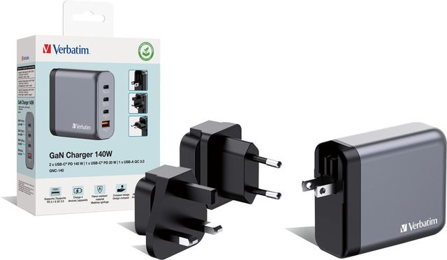 Verbatim GNC-140 Universal GaN-Ladegerät 140W mit 1x USB-A und 3x USB-C in Schwarz/Grau - Bild 1