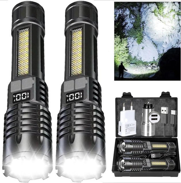 KDULIT Hochleistungs-LED-Taschenlampe mit Display, wiederaufladbare taktische Zoom-Taschenlampe aus Aluminium mit COB-Seitenlicht und RGB-Laterne, Schwarz - Bild 1