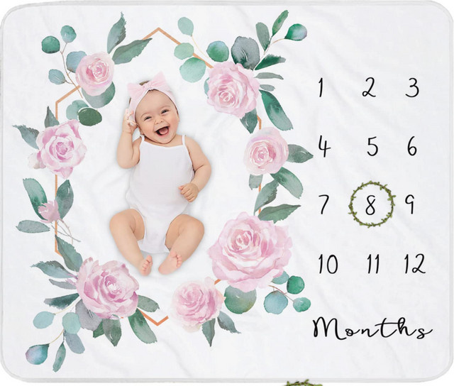 VIKAMA Baby-Fotografie-Decke für Meilenstein-Fotos von 1 bis 12 Monaten in Rosa mit Blumenmuster und grünen Blättern inklusive Marker - Bild 1