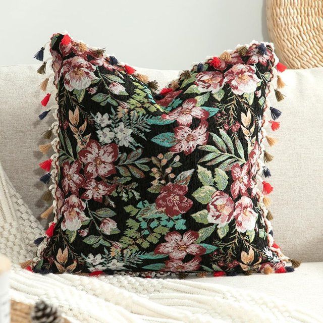 Inyahome Wurfkissenbezug im marokkanischen Stil mit Blumenakzent und getufteter Dekoration in Boho Black Multicolor - Bild 1