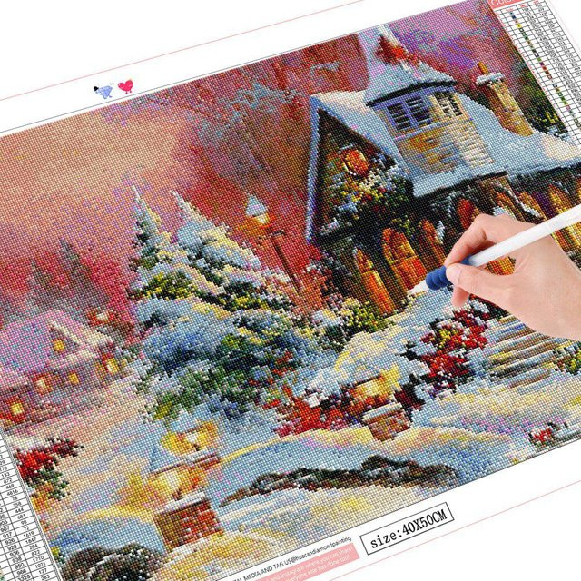 FIYO Diamantstickerei Set Haus Landschaft 5D Diamantmalerei mit Vollbohrern in Multicolour, Breite: 30 cm, Höhe: 20 cm - Bild 1