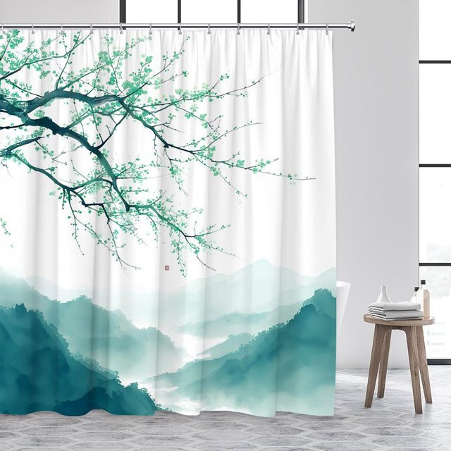 Baifenbai Home Furnishing Duschvorhang Japanische Landschaft mit Kirschblüten und Vögeln, Rosa und Weiß, B/H: 180 x 180 cm - Bild 1