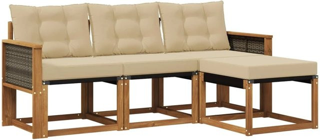 vidaXL Outdoor-Sofagarnitur L-Form aus Akazienholz mit Textilene und Kissen in Natur-Beige - Bild 1