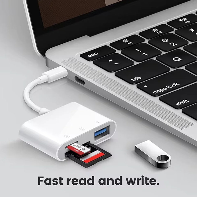 3-in-1 USB Typ-C Adapter mit TF und SD Speicherkartenleser in Weiß für iPhone 16 15 Pro Max Plus und OTG-Funktion - Bild 1