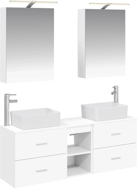 vidaXL Badezimmermöbel-Set 5-teilig in Weiß mit Spiegelschrank, Waschtischunterschrank, Glasfronten und LED-Beleuchtung - Bild 1